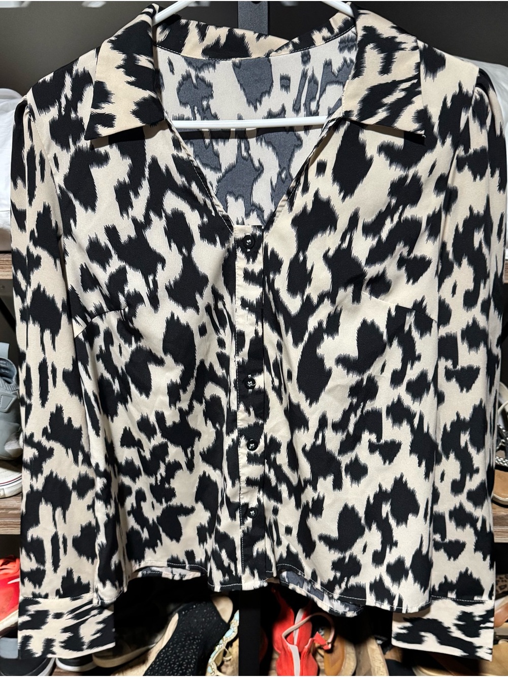 SHEIN Black and Cream Animal Print Button-Down Shirt